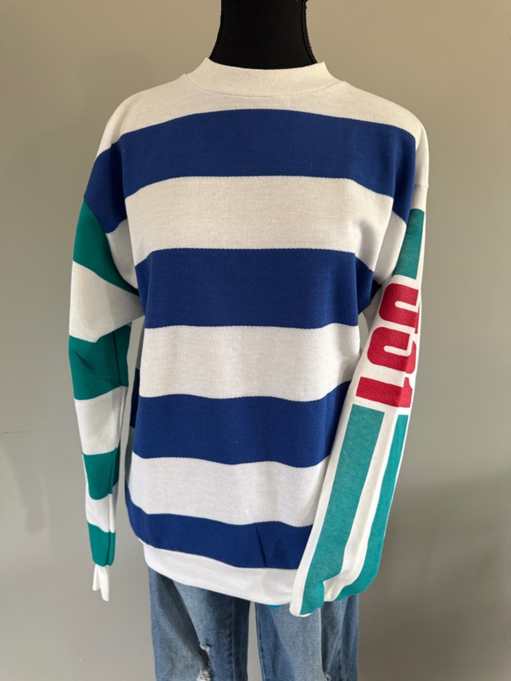 Vintage Indy Knit Crewneck Sweater with Teal Sleeve Panels and Red Lettering